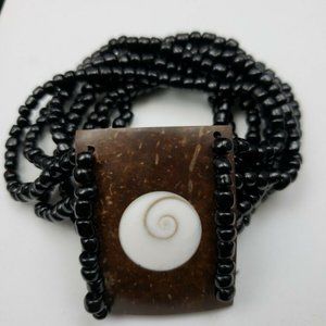 Black Bead Bracelet Carved Wood and Eye of Shiva